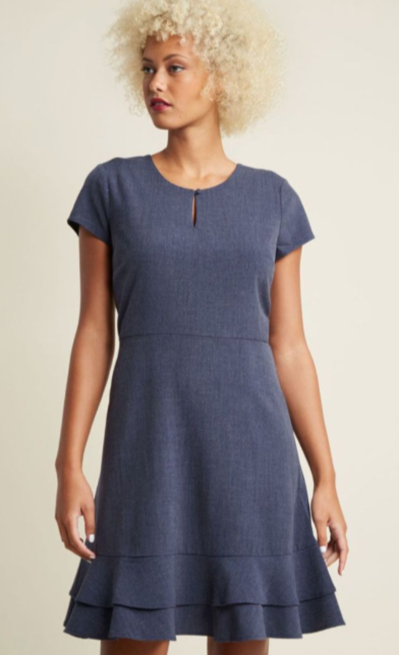 Downeast Women's Fit and Flare Ruffle Hem Blue Short Sleeve Dress M 6-10